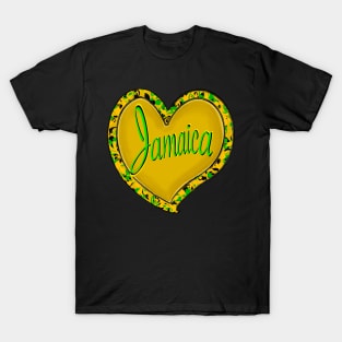 Jamaica in a heart - Jamaica in black green and gold flag colours colours inside a heart shape T-Shirt